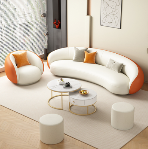 Hot recommendation [three-seater + single-seater + 2 round stools + coffee table] curved sofa combination