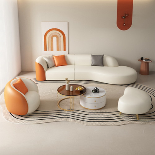Hot recommendation [2.4m four-seat + single + curved stool + coffee table combination] technology fabric sofa coffee table combination curved