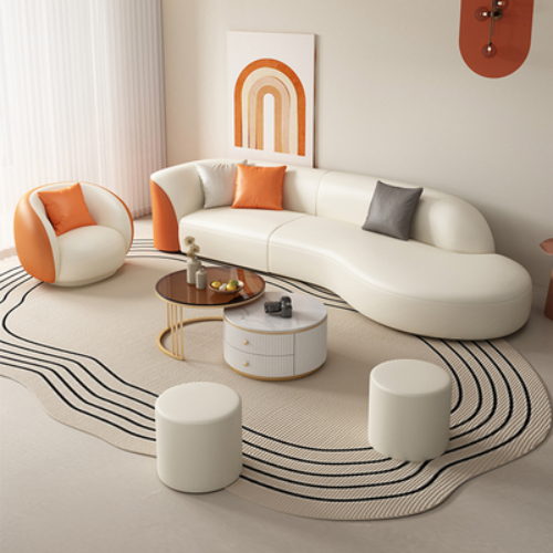 Hot recommendation [2.4m four-seater + single + 2 round stools + coffee table combination] technology fabric sofa coffee table combination curved