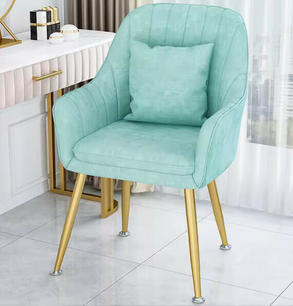 Hotly recommended backrest makeup chair (Lake blue-gold legs + pillow)