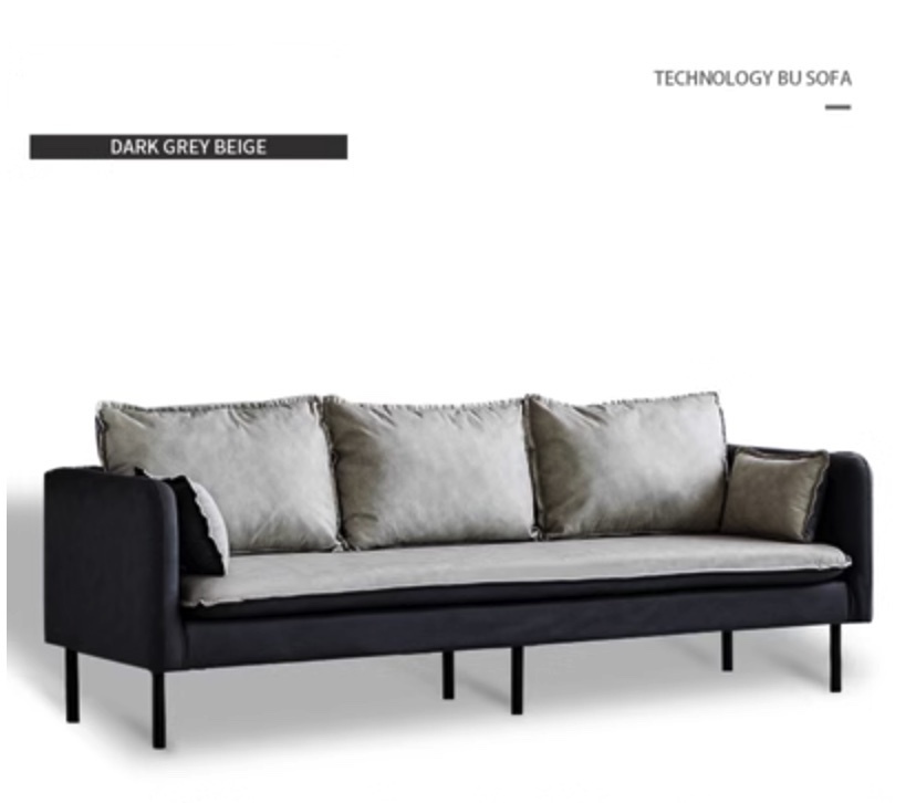 Hotly recommended three-person technology fabric sofa for small apartments (dark gray + off-white) (three-person, 180cm, 2 two-color pillows)