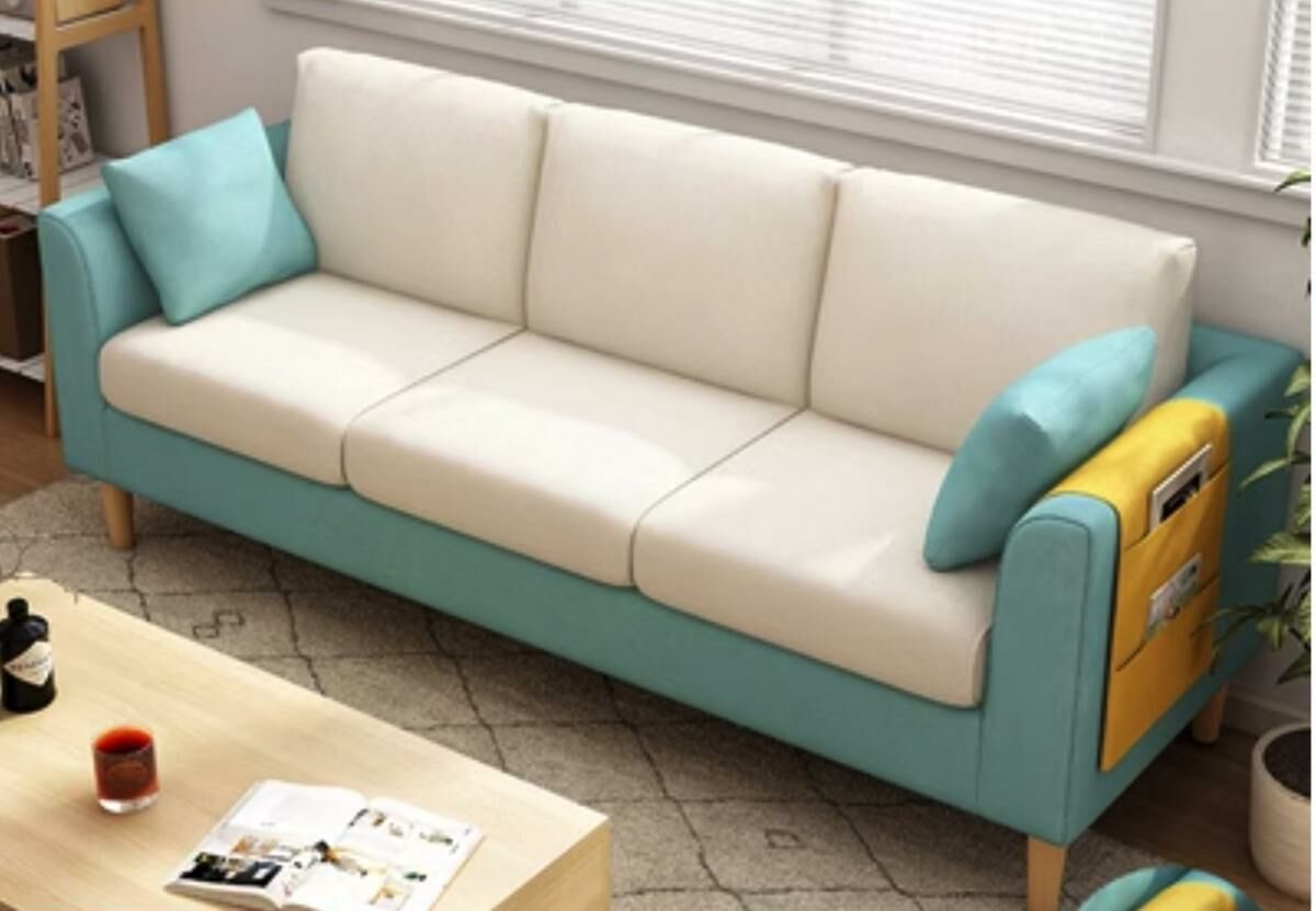 Hot recommendation sofa small apartment living room three-person sofa (mint green + off-white - comes with pillow + storage bag) (three-person 173cm)