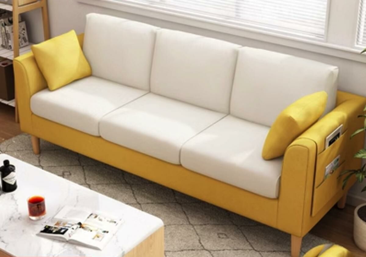Hot push sofa small apartment living room three-person sofa (yellow + off-white - comes with pillow + storage bag) (enlarged three-person 203cm)
