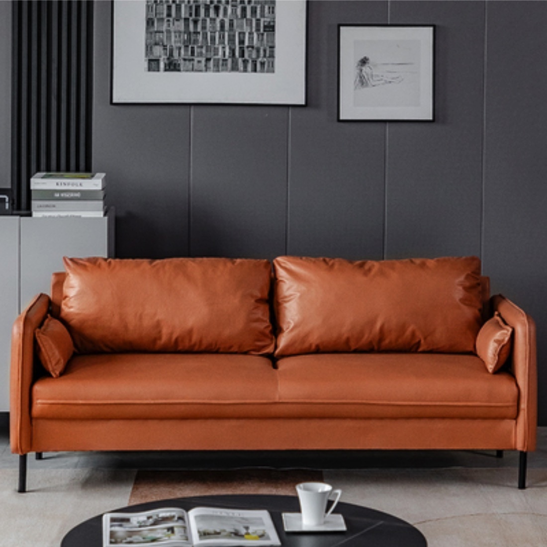 Hot recommendation for small apartment technology fabric three-person sofa (orange) (extended three-person 180cm 2 pillows)