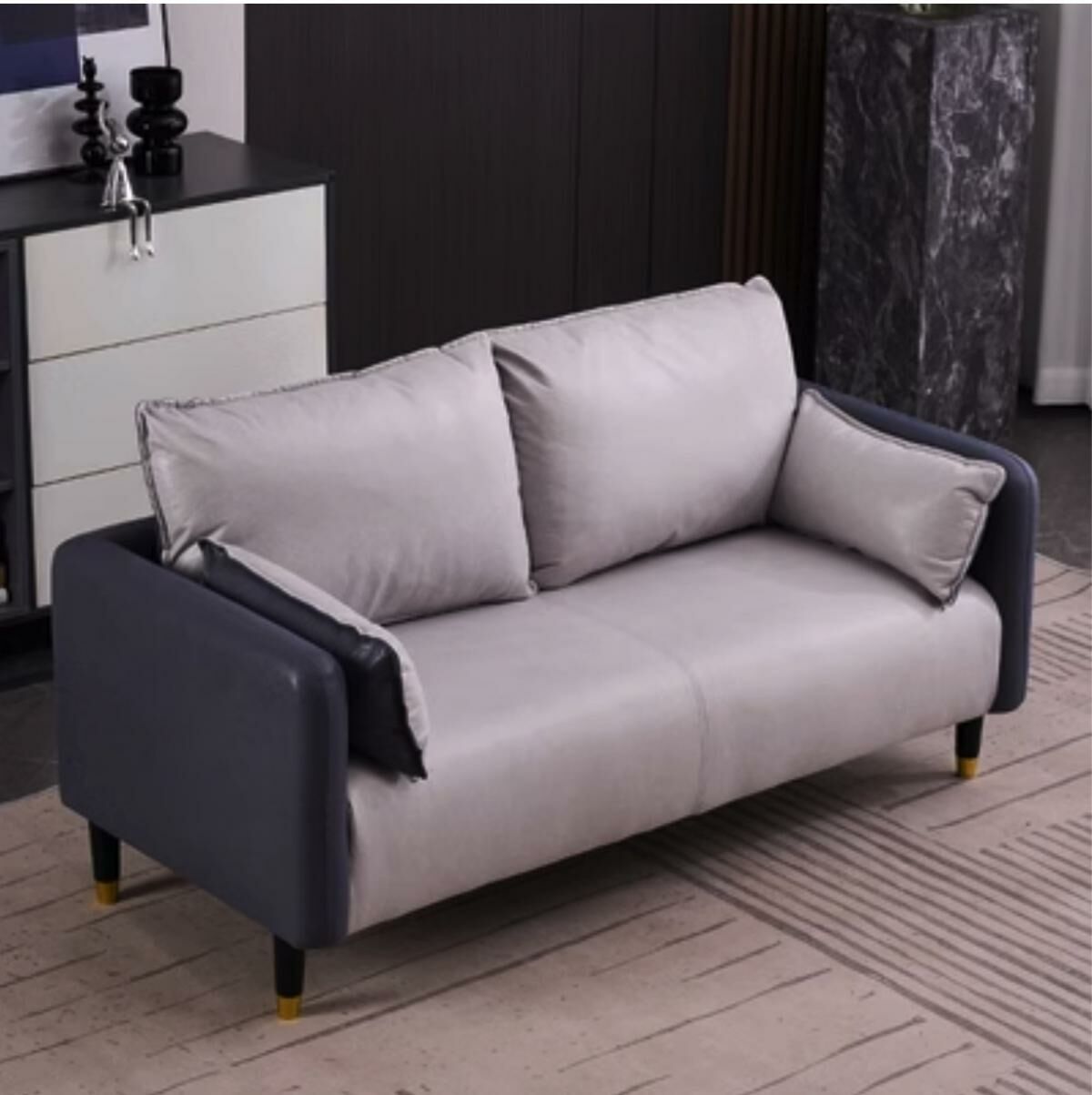 Hot recommendation living room double sofa (dark gray + off-white) (large double 142cm)