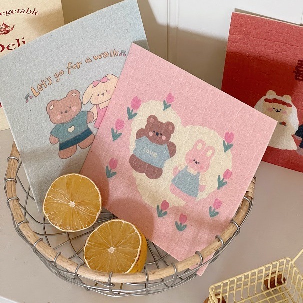 《4398》可愛情侶兔熊吸水木漿棉抹布