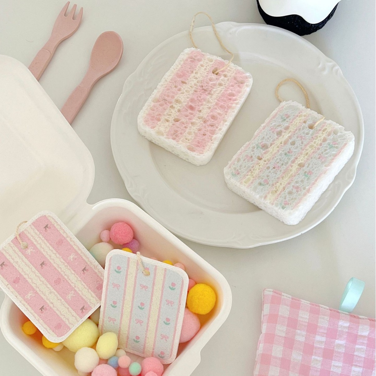 《4399》少女心緞帶天然木漿棉清潔海棉