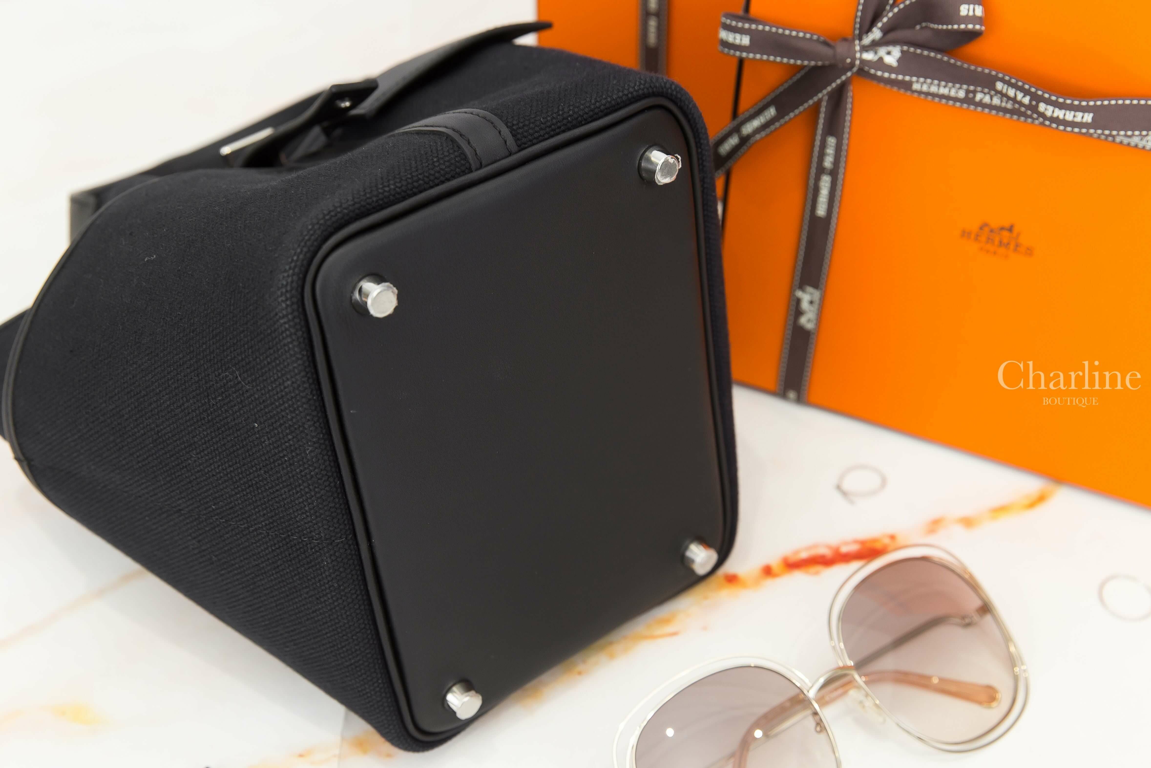 Hermès Picotin Lock 18 Pocket Bag Goeland Canvas / Swift 黑色牛皮銀釦小型提把水桶包-Charline Boutique 精品代購