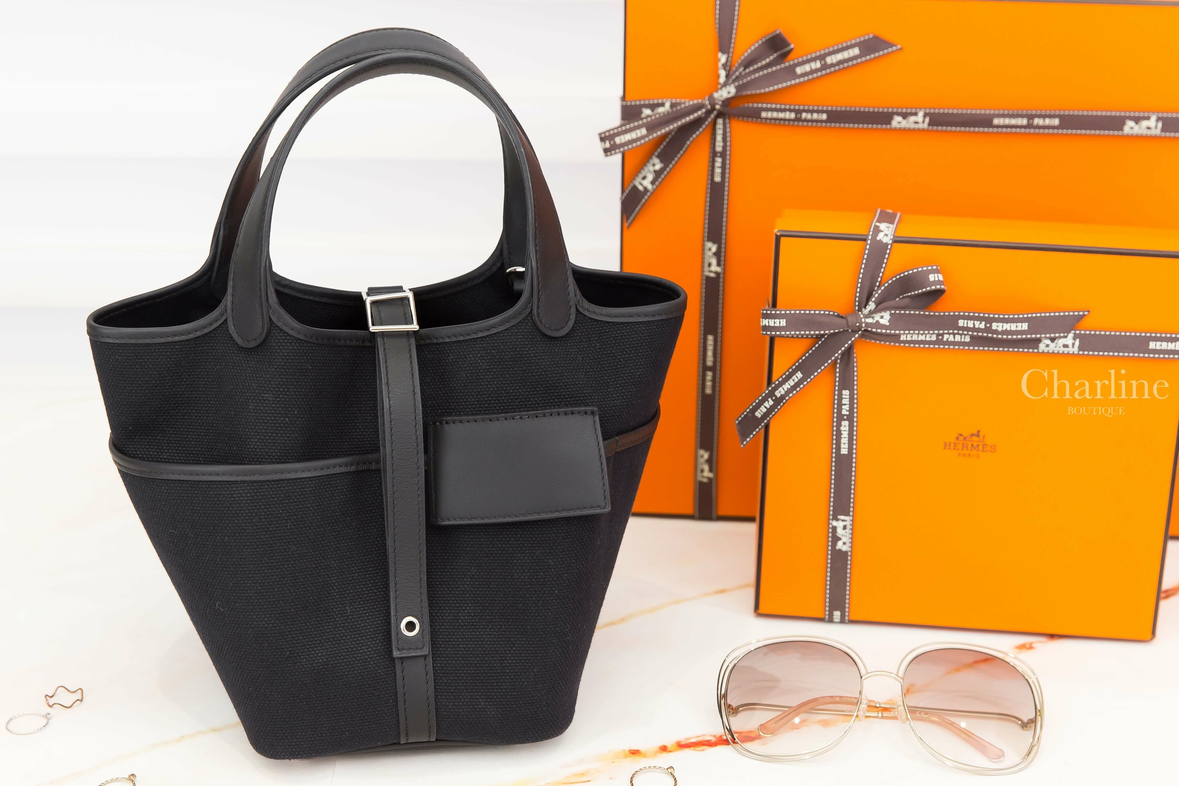 Hermès Picotin Lock 18 Pocket Bag Goeland Canvas / Swift 黑色牛皮銀釦小型提把水桶包