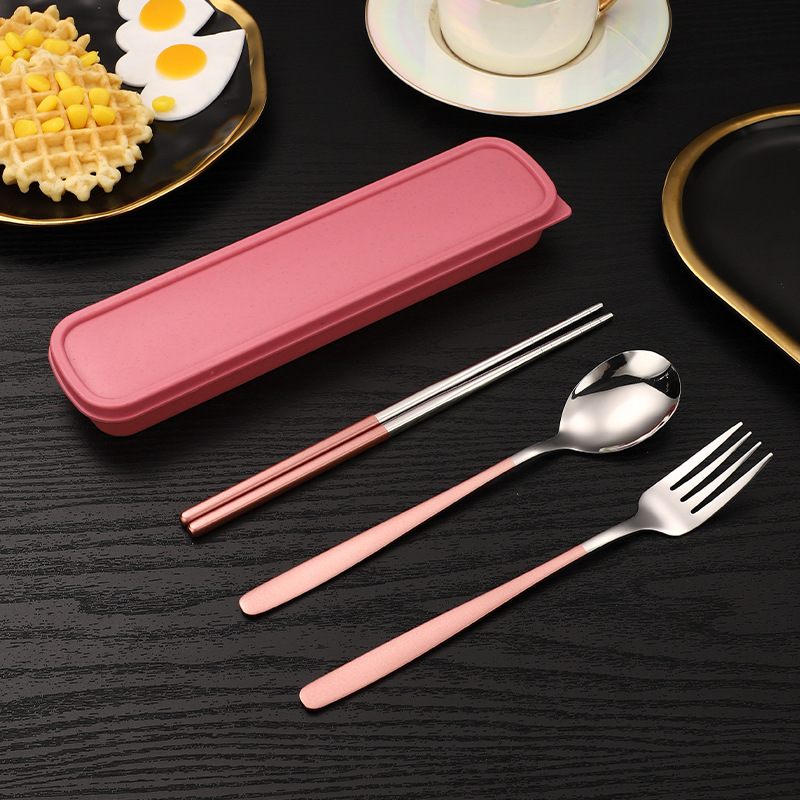 099 【環保走塑】便攜式 韓式不銹鋼餐具三件套裝( 湯匙 筷子 叉 ) 上學 學生 上班 用膳 旅行 不鏽鋼餐具套 環保 耐用 安全物料 耐熱 高溫消毒 可循環 棄用膠餐具 配合環保政策