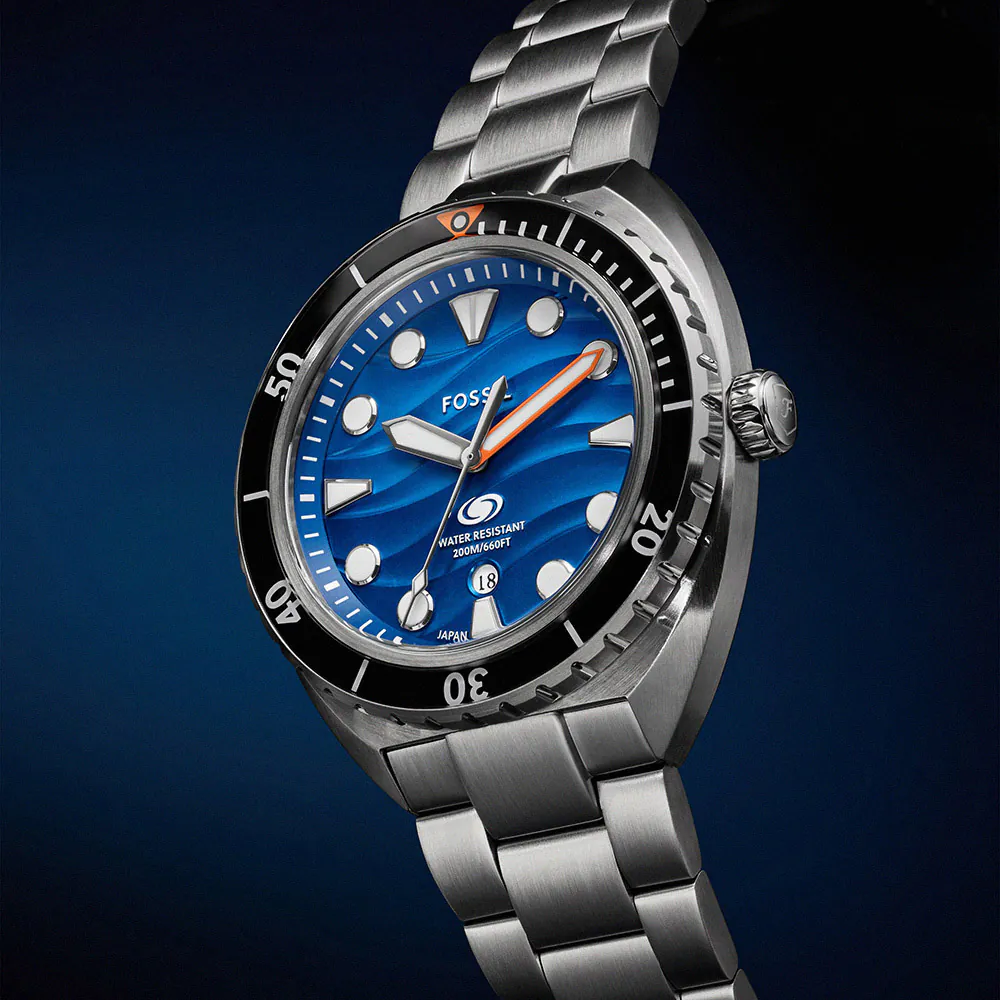 萬年鐘錶 - Fossil  蔚藍海洋面盤石英不鏽鋼潛水男錶  FS6064 錶徑42MM