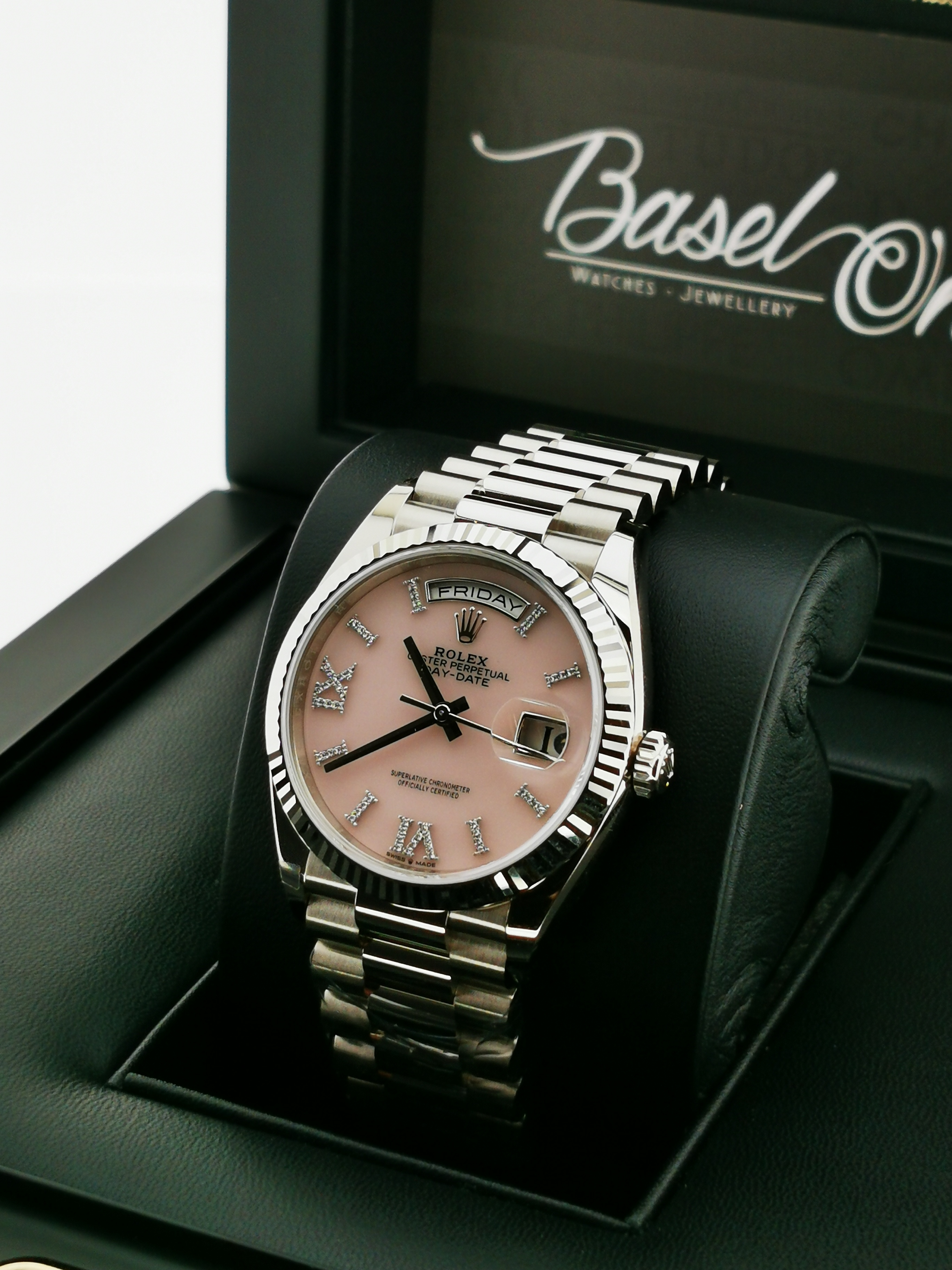 BRAND NEW ROLEX 128239 PINK OPAL DIAMOND SET DIAL DAY-DATE WHITE GOLD PRESIDENT 36 MM