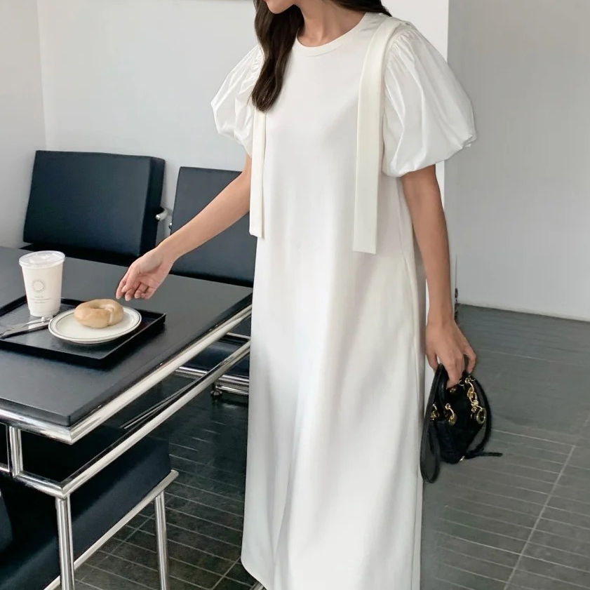 雙肩長織帶澎澎袖造型圓領長洋裝 / 2色 (Elegant & Love)