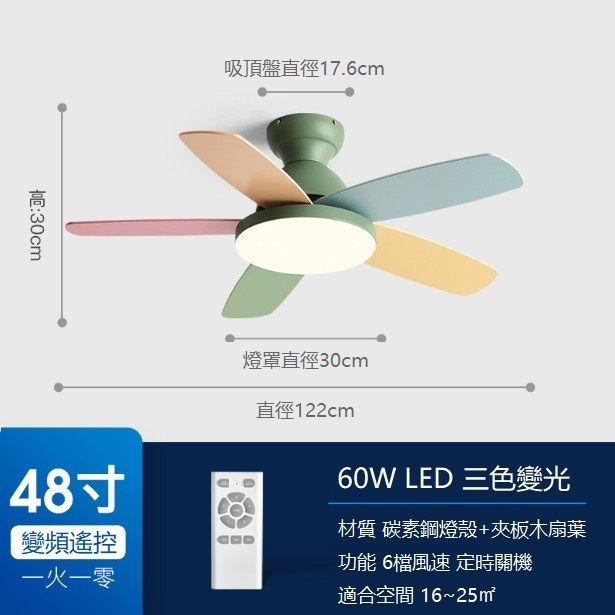 熱推馬卡龍風扇燈吸頂吊扇燈（綠+彩葉48寸+變光60W+變頻遙控）