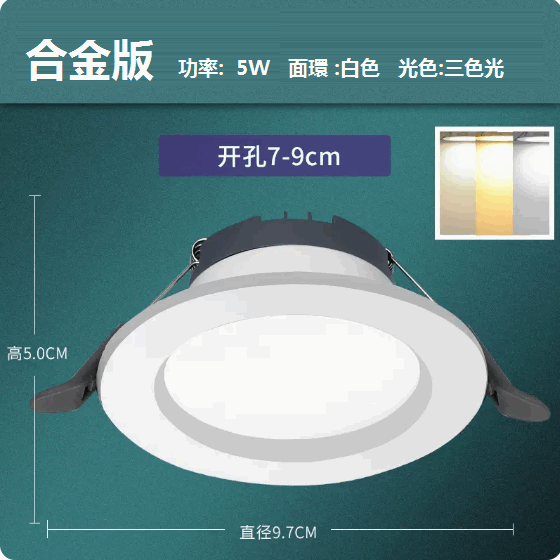 熱推LED天花射燈嵌入式開孔（雅白5W三色【鋅鐵合金】孔7-9cm）