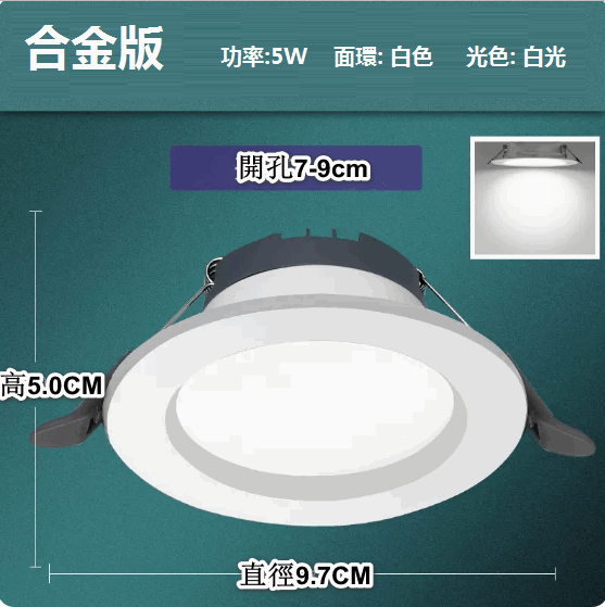 熱推LED天花射燈嵌入式開孔（雅白5W白光【鋅鐵合金】孔7-9cm）