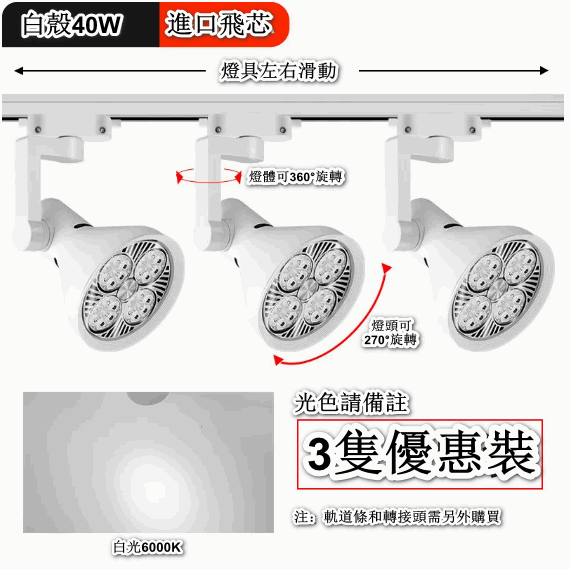 熱賣【3隻裝】天花燈導軌式背景牆led單燈（【進口歐芯】40W白殼-正白光）