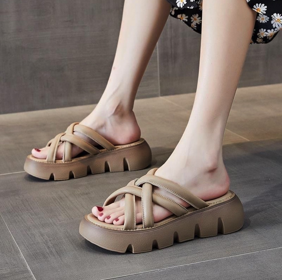 New soft leather platform slippers (brown slippers - size: 35-40) (contact customer service after placing the order to confirm the delivery size)
