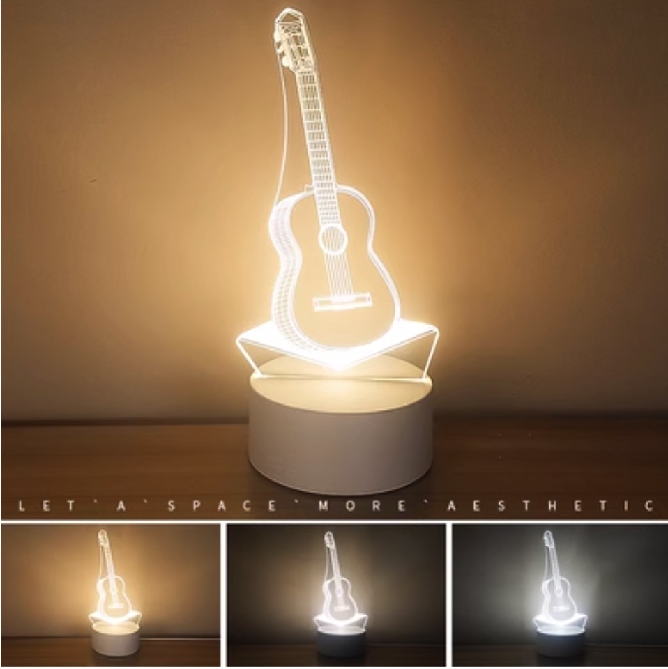 Popular 3D night light creative bedroom bedside lamp ([USB plug-in model + three colors] guitar)