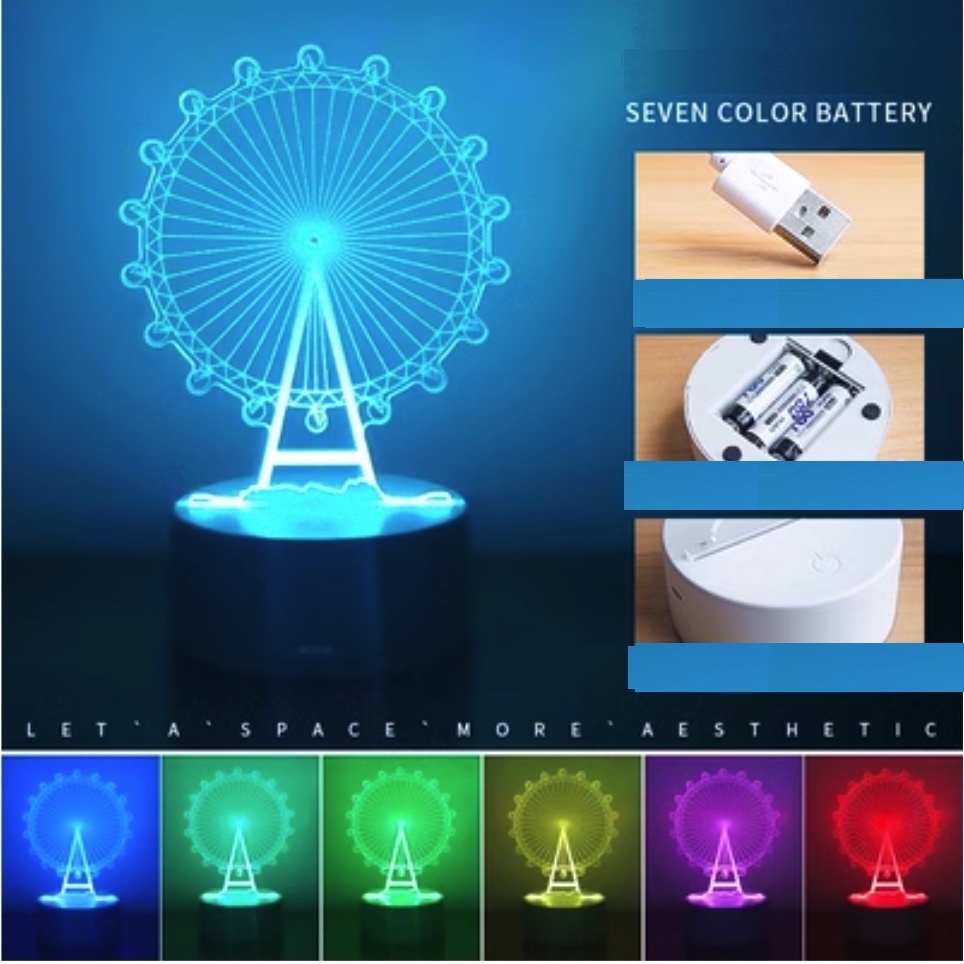Popular 3D night light creative bedroom bedside lamp ([battery type + USB plug + seven colors] Ferris wheel)