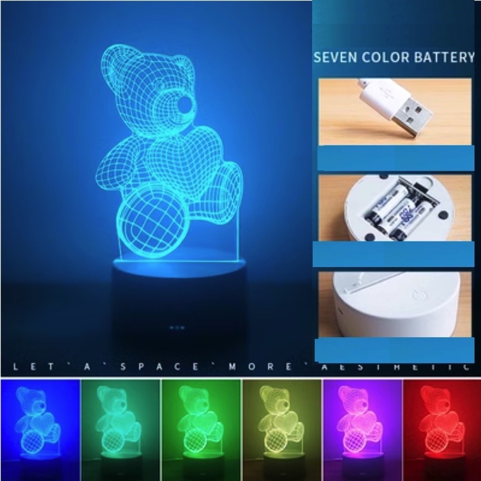 Popular 3D night light creative bedroom bedside lamp ([battery type + USB plug + seven colors] bear)