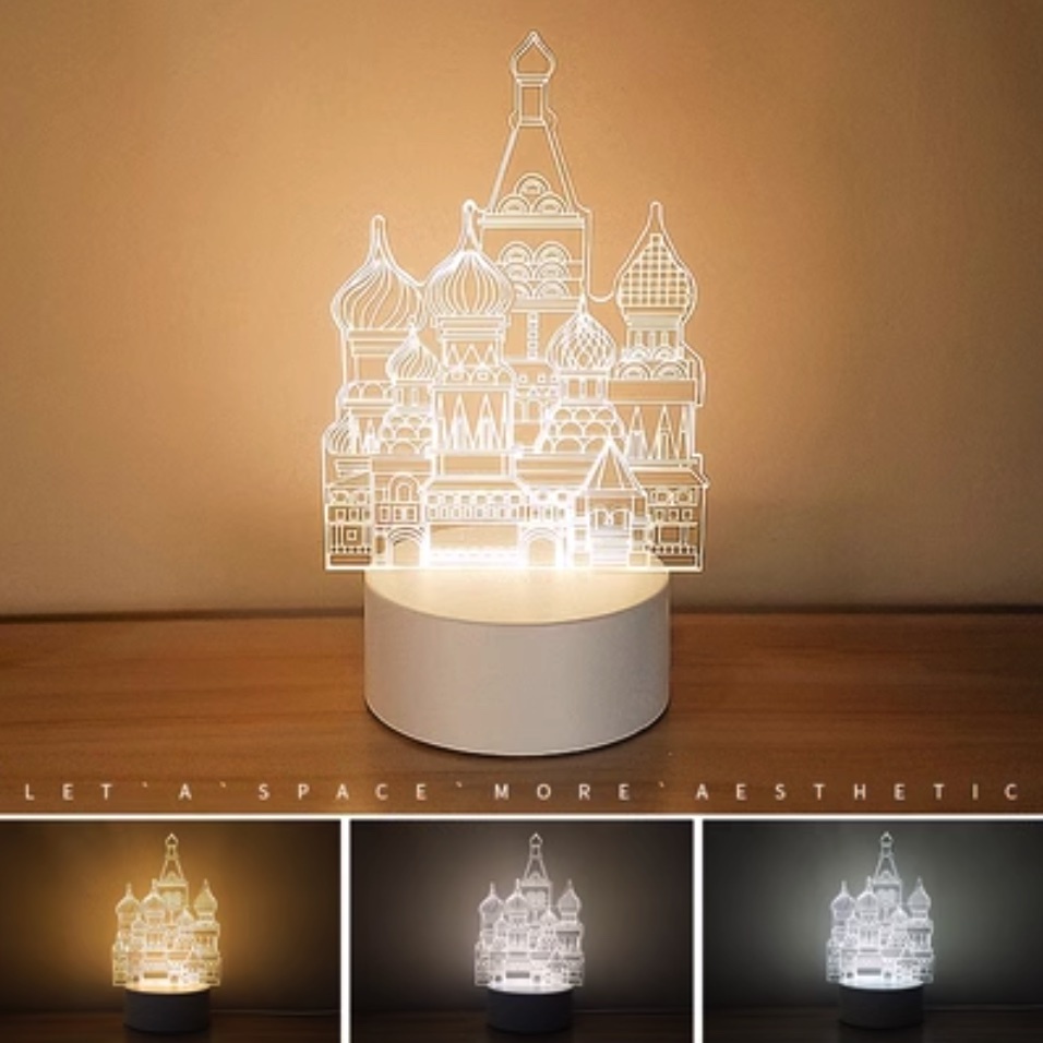 Popular 3D night light creative bedroom bedside lamp ([Charging + USB plug + three colors] Castle)