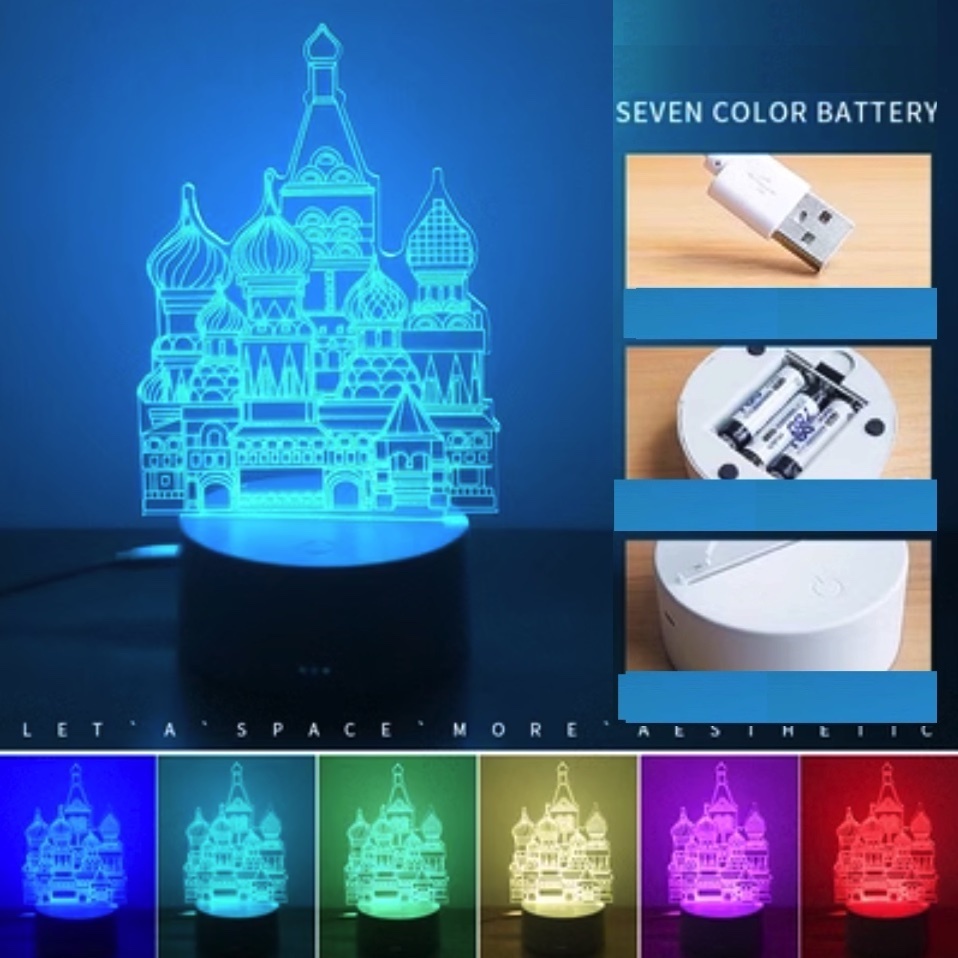 Popular 3D night light creative bedroom bedside lamp ([battery type + USB plug + seven colors] castle)