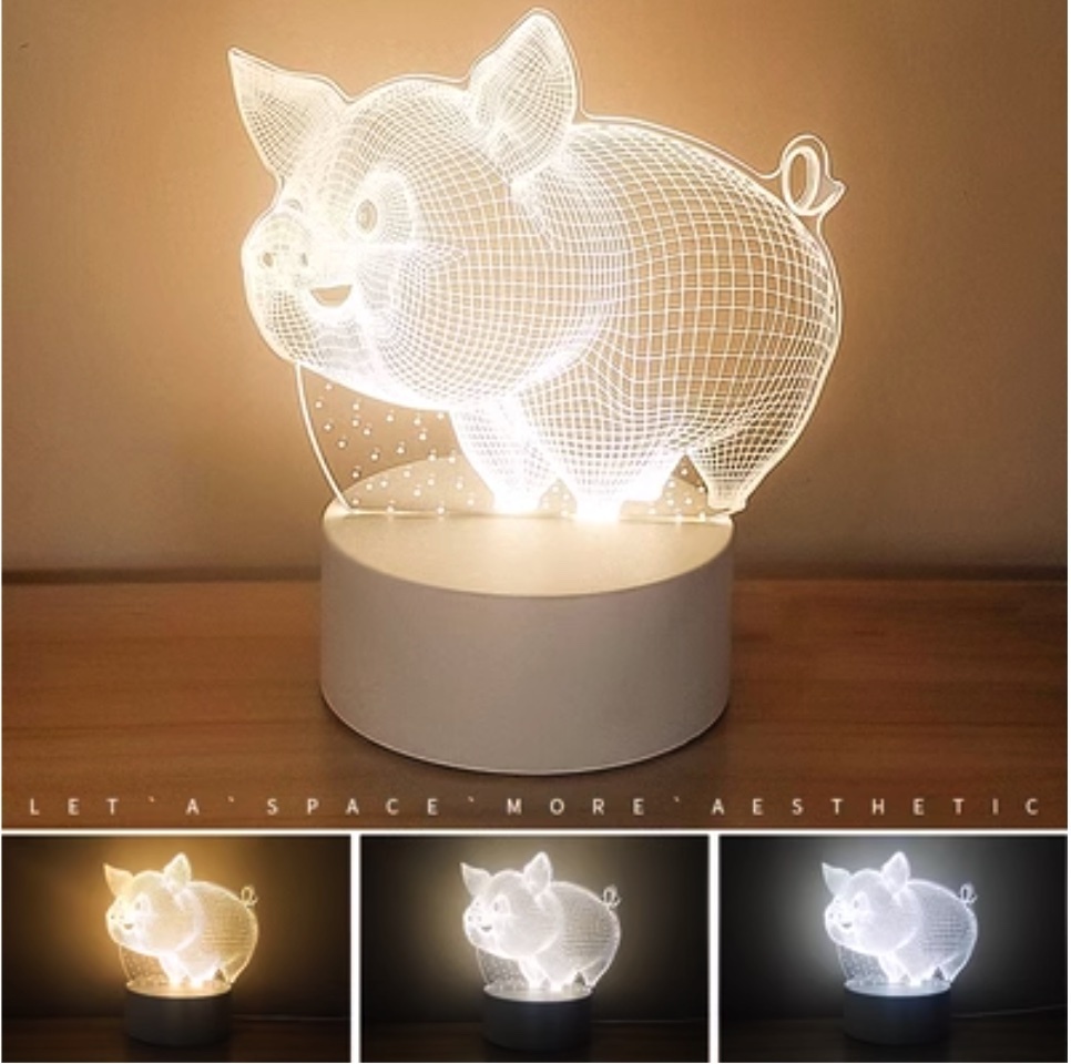 Popular 3D night light creative bedroom bedside lamp ([Charging + USB plug + three colors] cute pig)
