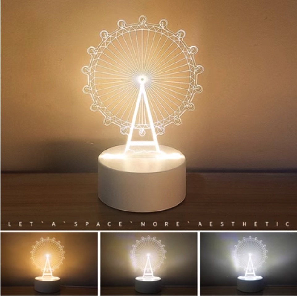 Popular 3D night light creative bedroom bedside lamp ([Charging + USB plug + three colors] Ferris wheel)