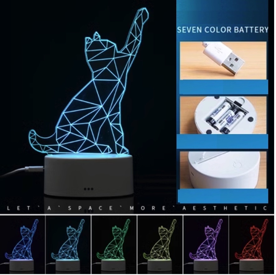 Popular 3D night light creative bedroom bedside lamp ([battery type + USB plug + seven colors] cat)