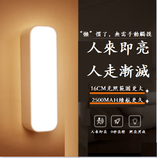 Popular LED rechargeable night light (human body sensor light warm light model + 2500mAh + 16CM)
