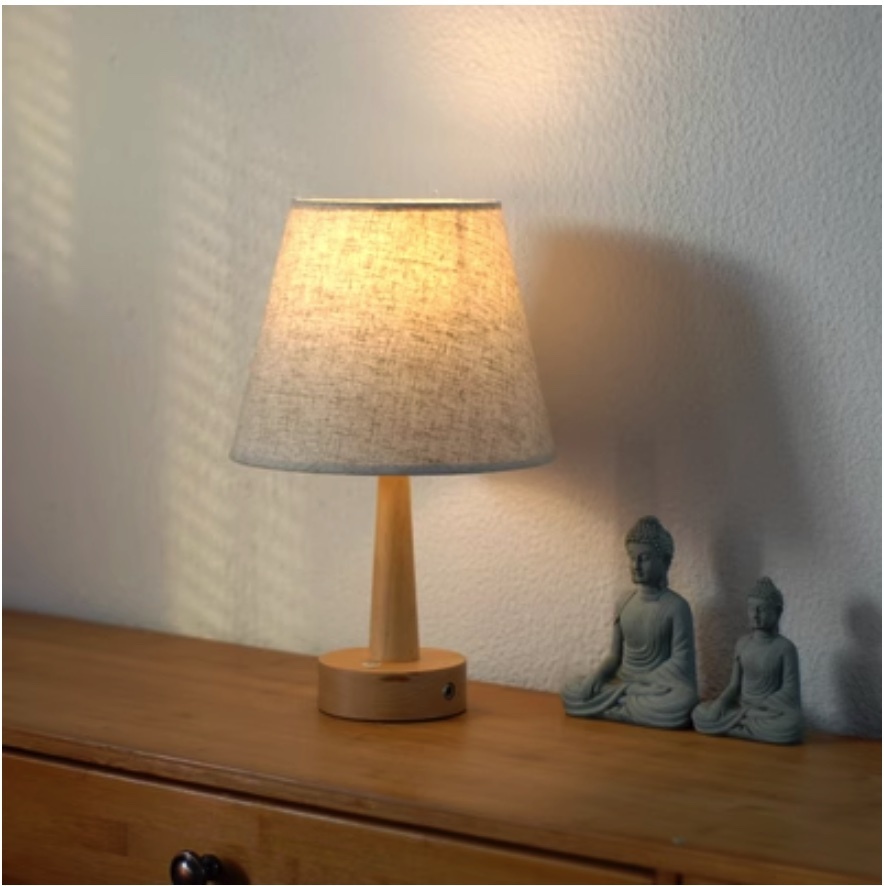 Popular simple wood style rechargeable small desk lamp (linen original color | rechargeable medium 5V5W warm light LED bulb)