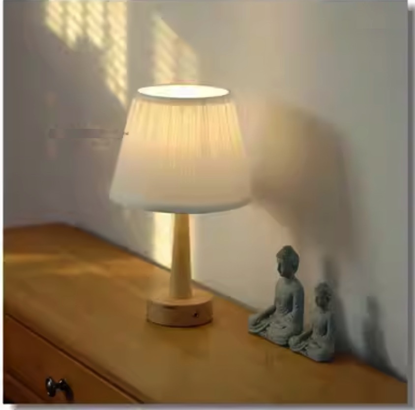 Popular simple wood style rechargeable small desk lamp (white pleated | rechargeable medium 5V5W warm light LED bulb)