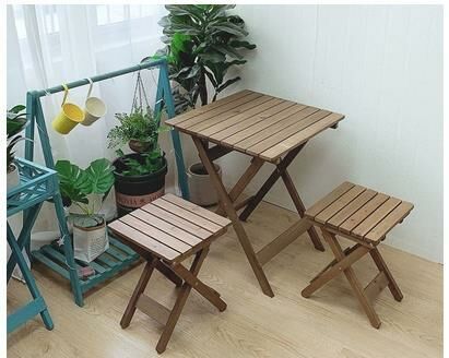 Hot recommendation solid wood foldable table and chair combination (brown 60*60 square table + 2 folding stools)