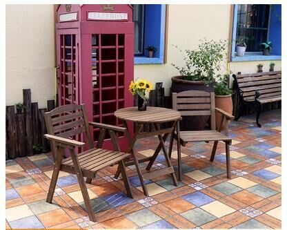 Hotly recommended solid wood foldable table and chair combination (brown, 1 round table + 2 leisure chairs)