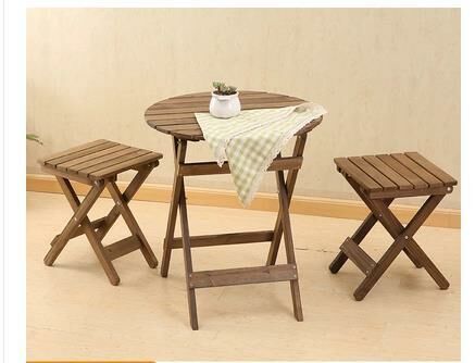 Hot recommendation solid wood foldable table and chair combination (brown, 1 round table + 2 folding stools)