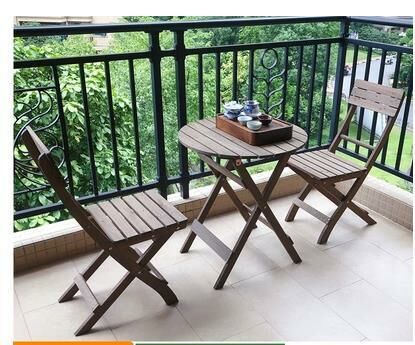 Popular solid wood foldable table and chair combination (brown, 1 round table + 2 folding chairs)