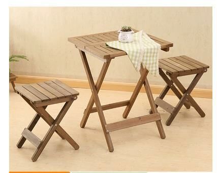 Hot recommendation solid wood foldable table and chair combination (brown 55*55 square table + 2 folding stools)