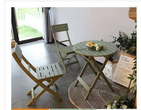 Popular solid wood folding table and chair combination (light green 62*69CM 1 round table + 2 folding back chairs)