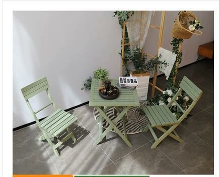 Popular solid wood folding table and chair combination (light green 55*55CM 1 square table + 2 folding back chairs)