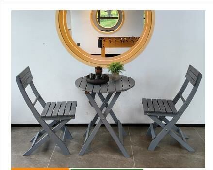 Popular solid wood folding table and chair combination (light gray 62*69CM 1 round table + 2 folding back chairs)