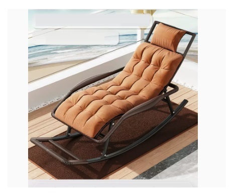 Popular leisure lazy folding chair (striped brown-standard wide rattan upgraded and thickened headrest + chair cushion)