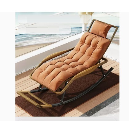 Popular leisure lazy folding chair (champagne gold-standard round rattan headrest + chair cushion)
