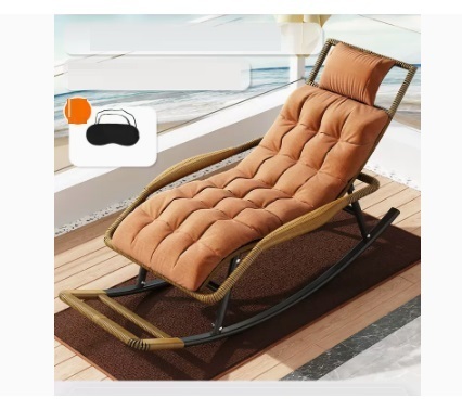 Popular leisure lazy folding chair (champagne gold-upgraded wide rattan, upgraded and thickened headrest + chair cushion + floor mat + eye mask)