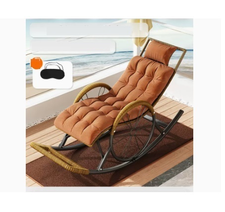 Popular leisure lazy folding chair (champagne gold-upgraded round rattan headrest + chair cushion + floor mat + eye mask)