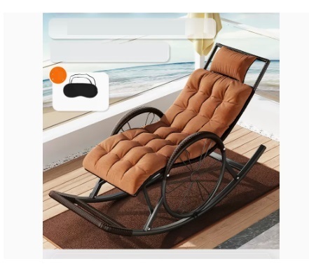 Popular leisure lazy folding chair (brown black - upgraded round rattan headrest + chair cushion + floor mat + eye mask)