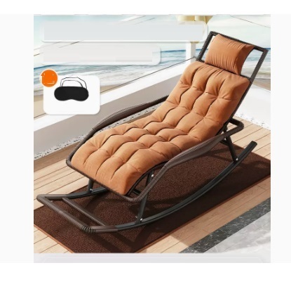 Popular leisure lazy folding chair (striped brown-upgraded wide rattan, upgraded and thickened headrest + chair cushion + floor mat + eye mask)