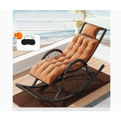 Popular leisure lazy folding chair (brown black - upgraded wide rattan, upgraded and thickened headrest + chair cushion + floor mat + eye mask)
