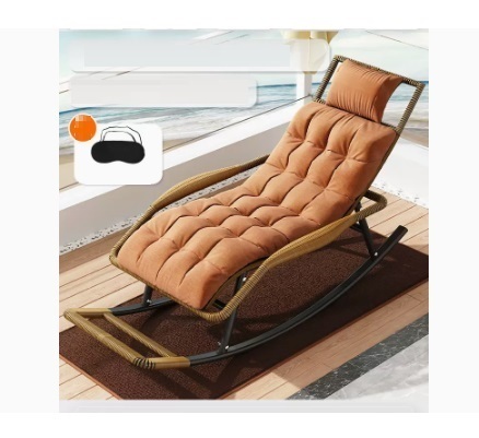 Popular leisure lazy folding chair (champagne gold-standard wide rattan upgraded and thickened headrest + chair cushion + floor mat + eye mask)