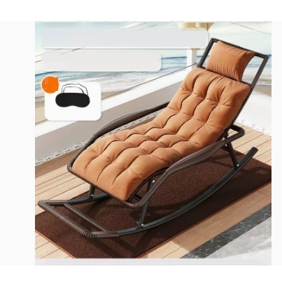 Popular leisure lazy folding chair (striped brown - standard wide rattan upgraded and thickened headrest + chair cushion + floor mat + eye mask)